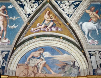 De Loggia della Galatea detail van gewelfdecoratie met Juno op haar wagen en een violist (detail)