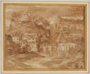 Een klassiek landschap met gebouwen bij een rivier