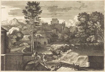Landschap met twee figuren op een brug