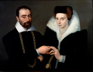 Portret van een paar. Beiden dragen zwart, de vrouw draagt een guipurekraag. Schilderij van de School van Fontainebleau