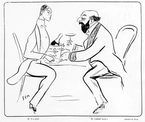 Cartoon door Nijuisky en Gabriel Astri in een café, tekening door Sem (1863 - 1934)