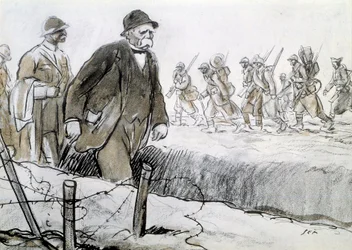 Eerste Wereldoorlog: Portret van Clemenceau (1841-1929) in een kist die het front bezoekt. Tekening door Georges Goursat, bekend als Sem (1863-1934)
