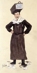 Verkoper van oesters van de winkel Prunier. Chromolithografie ondertekend SEM (1863 - 1934)