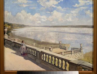 Zonnige dag, een dame bij de balustrade
