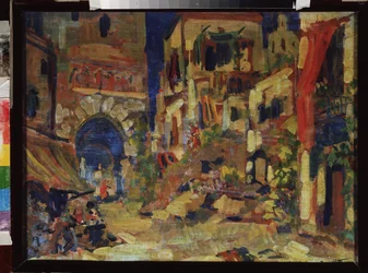 Zicht op een straat. Decor voor de opera Don Quichotte van Jules Massenet