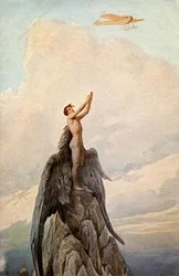 Transport. Luchtvaart. De droom van Icarus. Icarus en vliegtuig. Illustratie door J. Solomko, Hongarije, ca. 1916