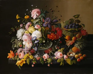 Stilleven: bloemen en fruit