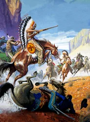 Gevecht tussen Indianen en soldaten