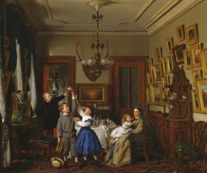 De strijd om het boeket: De familie van Robert Gordon in hun eetkamer in New York, 1866