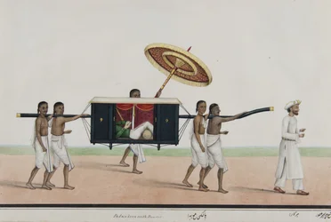 Thomas Holroyd leest in zijn draagstoel, ca. 1835