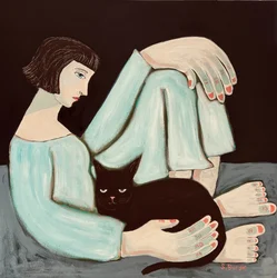 Peinzende vrouw, zwarte kat