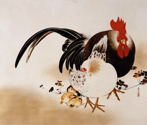 Haan, hen en kuikens, 1892