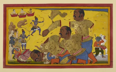 Kumbhakarṇa wordt gedood door Rāma; bondgenoten verheugen zich terwijl Vibhīṣaṇa rouwt