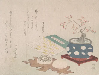 Bonsai Pruim, Kompas en Zakzonnewijzer met Ontwerp van Kalender, uit Lente Regen Surimon...