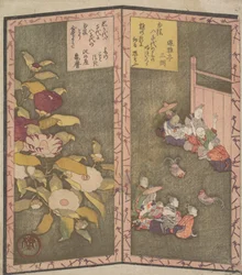Camelliabloemen links, mensen die rechts naar een hanengevecht kijken, ca. 1820.