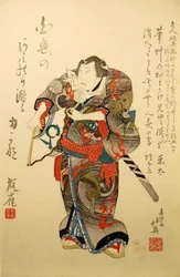 Kabuki-acteur Nakamura Utaemon IV als de worstelaar Iwakawa Jirokichi, in het stuk Sekitori
