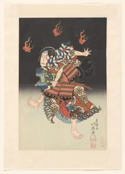 Nakamura Shikan II als de vos (kitsune) Genkurô in het toneelstuk ‘Hanayagura hitome senbon’, Naka Theater