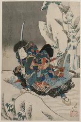 Nakamura Utaemon IV als een krijger in de sneeuw