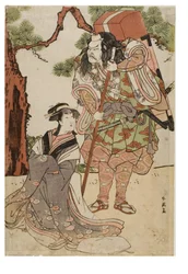 Een Kabuki scène met acteur als yamabushi bergpriester met reizend altaar op zijn rug