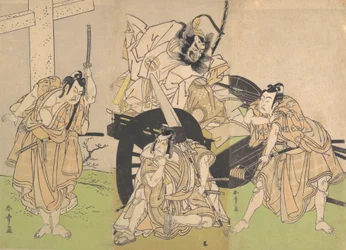 Kabuki-acteurs Ichikawa Yaozo II, Nakajima Mihoemon II, Ichikawa Ebizo III ..., 7e maand, 1776