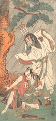 Kabuki-acteurs Ichimura Uzaemon IX als Ko-kakeyama en Otani Hiroji III als Koga Saburo