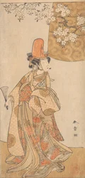 Segawa Tomisaburo in de rol van Musume Dojoji in Hanagatami Kazaori Eboshi, februari 1774