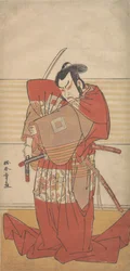 De acteur Ishikawa Danjuro V voert een Shibaroku-act op met een getrokken zwaard in zijn hand, ca. 1781