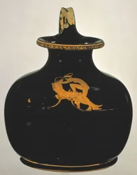 Oinochoe. Liefdesmaking naakt meisje klimt op schoot van een jongen