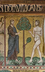 De Palatijnse Kapel (basiliek), mozaïekcyclus over het Oude Testament, scheppingscyclus: ’God leidt Adam het paradijs binnen’, 12e eeuw