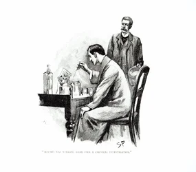 ‘Holmes werkte hard aan een chemisch onderzoek’, illustratie bij ‘Het zeeverdrag’ van Arthur Conan Doyle (1859-1930), gepubliceerd in ‘Strand Magazine’, oktober en november 1893