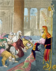 Jozef ontvangt de eerbetuigingen van zijn broers, uit een bijbel gedrukt door Edward Gover, 1870