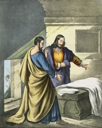 Petrus en Johannes bij het graf, uit een bijbel gedrukt door Edward Gover, 1870