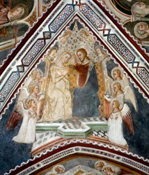 De kroning van de Maagd. Fresco in de Kapel van de Maagd, uitgevoerd door de Sienese school uit de 14e eeuw. Klooster van Sint-Benedictus (Sacro Speco), Subiaco (Rome), Italië