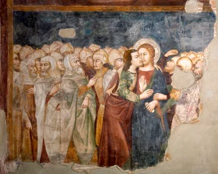 De kus van Judas. Fresco van de Sienese school. 14e eeuw. Bovenkerk. Klooster van Sint-Benedictus (Sacro Speco), Subiaco (Rome), Italië