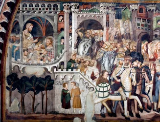 Detail van een fresco in de Bovenkerk die de beklimming naar Calvarieberg afbeeldt: links Jezus voor Pontius Pilatus