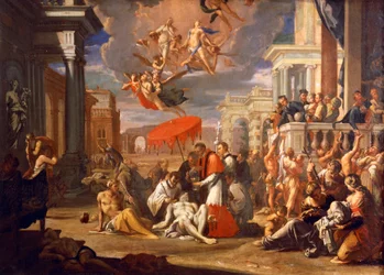St. Charles Borromero dient de Heilige Communie toe aan pestslachtoffers in 1576, door Sigismund Caula