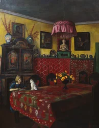 Interieur met meisje en kat