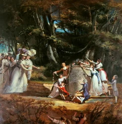 De kinderen van de hertogin van Orléans begroeten hun moeder bij het monument dat door hen is opgericht om haar herstel te herdenken na een bezoek aan Spa in 1787
