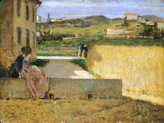 In de schaduw van een villa, door Silvestro Lega (1826-1895), 34x46 cm