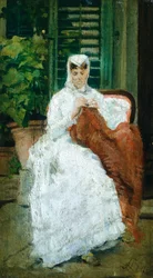 Dame aan het naaien, door Silvestro Lega, olieverf op paneel, 27.5x15.5 cm