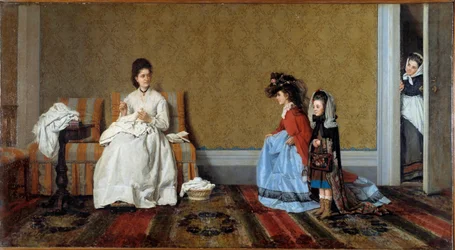 Meisjes die grote dames spelen. Twee zussen verkleden zich met de kleren van hun moeder. Schilderij van Silvestro Lega (1826-1895), 1872. Particuliere collectie