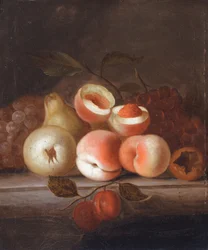 Een stilleven van perziken en ander fruit (olieverf op doek)