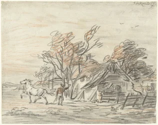 Boerenwoning waarbij een boer zijn paard dresseert
