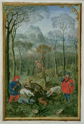 December: het doden van het zwijn, uit een Getijdenboek, ca. 1540