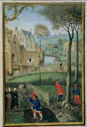 Maart: bomen kappen, uit een Getijdenboek, c.1540