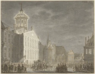 Illuminatie van het stadhuis voor Willem V en Wilhelmina van Pruisen, 1768