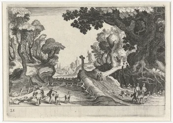 Boslandschap met een kruis langs een pad