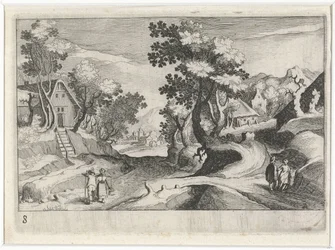 Bosrijk heuvellandschap met gebouwen en figuren
