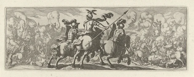 Drie cavaleristen bij een veldslag met olifanten (Cavalerie, series title) Faecvnda qvam sit acris ingeni viris dilecta Phaebo et gratys Florentia, sat indicant pvgnae, enthea vi pectoris quas Mercuri sculpsit cliens tempestiv (series title)