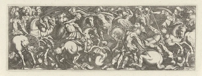 Gevecht tussen cavaleristen en infanteristen (Cavalerie, series title) Faecvnda qvam sit acris ingeni viris dilecta Phaebo et gratys Florentia, sat indicant pvgnae, enthea vi pectoris quas Mercuri sculpsit cliens tempestiv (series title)